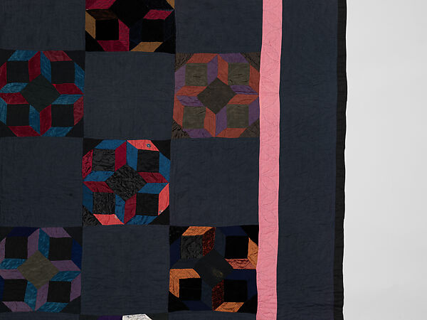 Tumbling Blocks quilt, Alma (?) Yoder (American (Kalona, Iowa)), Cotton, silk, and velvet, American