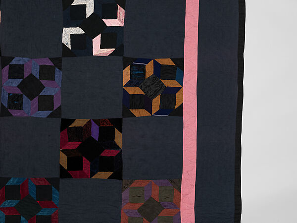 Tumbling Blocks quilt, Alma (?) Yoder (American (Kalona, Iowa)), Cotton, silk, and velvet, American