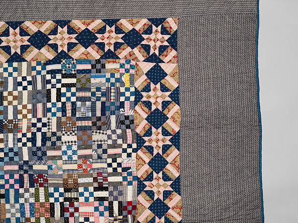 Nine-patch Postage Stamp quilt, Unknown maker, American, probably Pennsylvania, Cotton, silk, and wool, American
