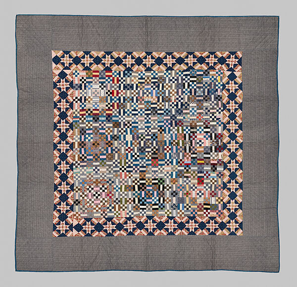 Nine-patch Postage Stamp quilt, Unknown maker, American, probably Pennsylvania, Cotton, silk, and wool, American 
