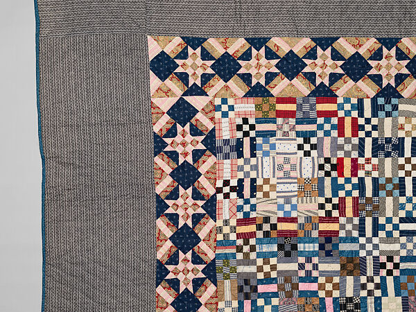 Nine-patch Postage Stamp quilt, Unknown maker, American, probably Pennsylvania, Cotton, silk, and wool, American
