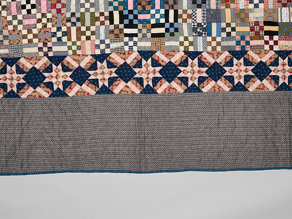 Nine-patch Postage Stamp quilt, Unknown maker, American, probably Pennsylvania, Cotton, silk, and wool, American
