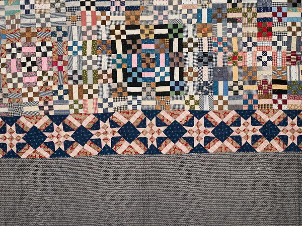 Nine-patch Postage Stamp quilt, Unknown maker, American, probably Pennsylvania, Cotton, silk, and wool, American