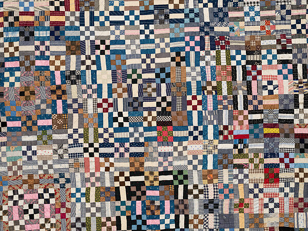 Nine-patch Postage Stamp quilt, Unknown maker, American, probably Pennsylvania, Cotton, silk, and wool, American