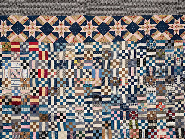 Nine-patch Postage Stamp quilt, Unknown maker, American, probably Pennsylvania, Cotton, silk, and wool, American
