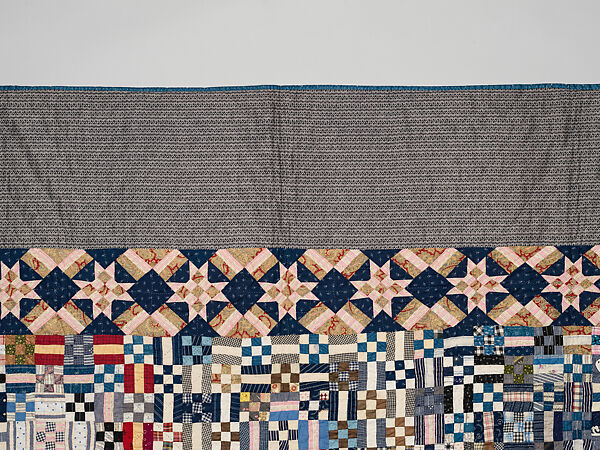 Nine-patch Postage Stamp quilt, Unknown maker, American, probably Pennsylvania, Cotton, silk, and wool, American