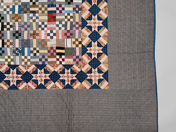 Nine-patch Postage Stamp quilt, Unknown maker, American, probably Pennsylvania, Cotton, silk, and wool, American
