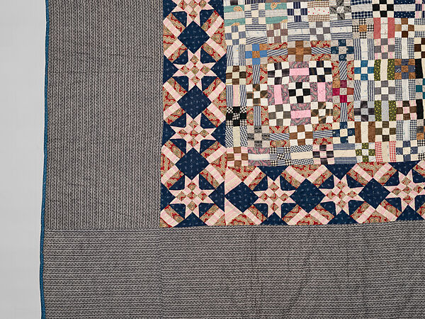 Nine-patch Postage Stamp quilt, Unknown maker, American, probably Pennsylvania, Cotton, silk, and wool, American