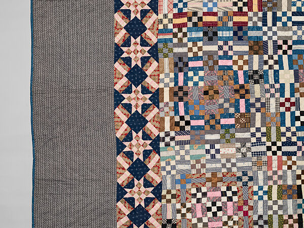 Nine-patch Postage Stamp quilt, Unknown maker, American, probably Pennsylvania, Cotton, silk, and wool, American