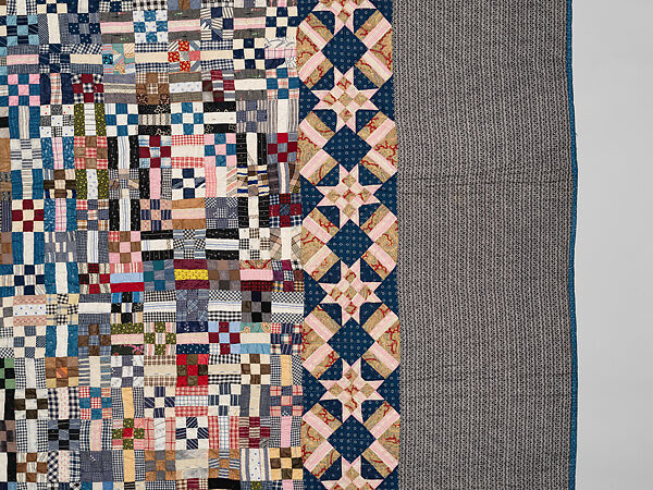 Nine-patch Postage Stamp quilt, Unknown maker, American, probably Pennsylvania, Cotton, silk, and wool, American