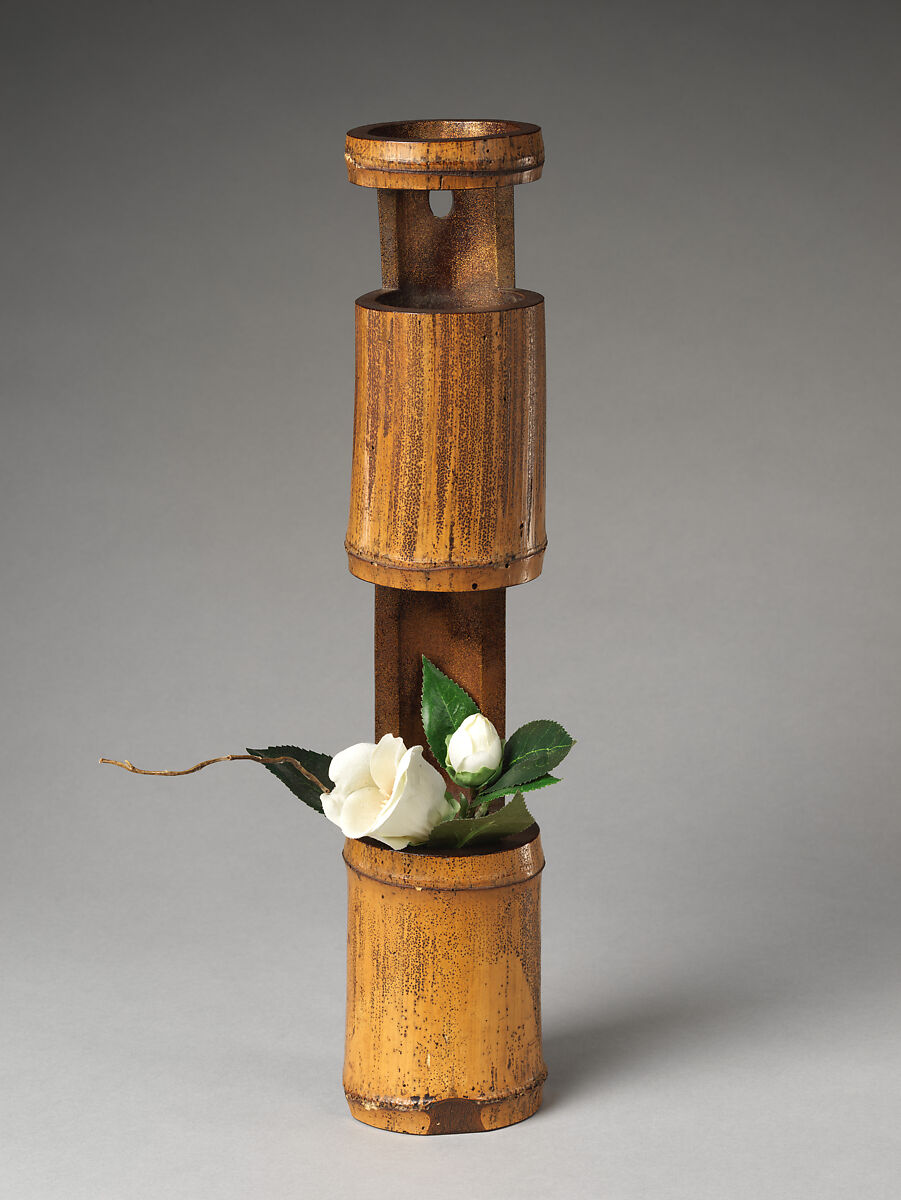 Double-cut (Nijū-giri) Flower Container (Hanaire), named Cool Summer Morning (Shinryō), Kōgetsu Sōgan (Japanese, 1574–1643), Bamboo, lacquer, gold, Japan 