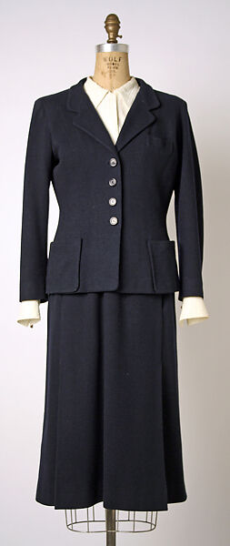 Ensemble, House of Chanel (French, founded 1910), wool, cotton, silk, metal, straw, French 