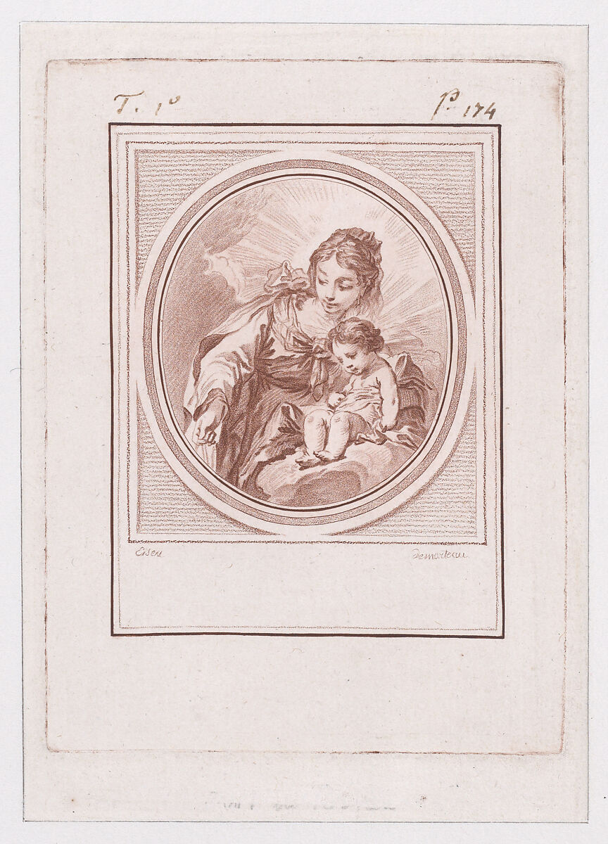 Vierge, d'après Eisen, Gilles-Antoine Demarteau (French, Paris, 1756–1802), Crayon-manner etching printed in red ink 