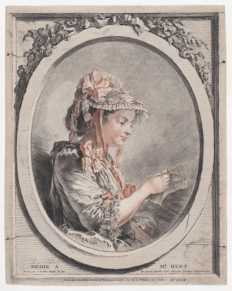 Une Liseuse (Portrait de Madame Huet), Gilles Demarteau (French, Liège 1722–1776 Paris), Crayon-manner etching printed in black and red ink 
