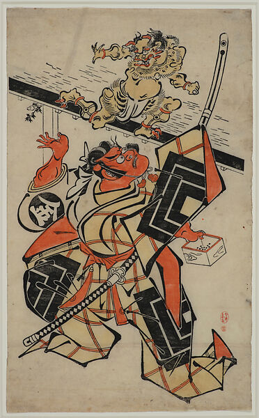 An Actor of the Ichikawa Family Scattering Beans during the Setsubun Festival to Drive Out Evil Spirits, Attributed to Torii Kiyomasu I (Japanese, active 1696–1716), Woodblock print (tan-e); vertical ō-ōban, Japan 
