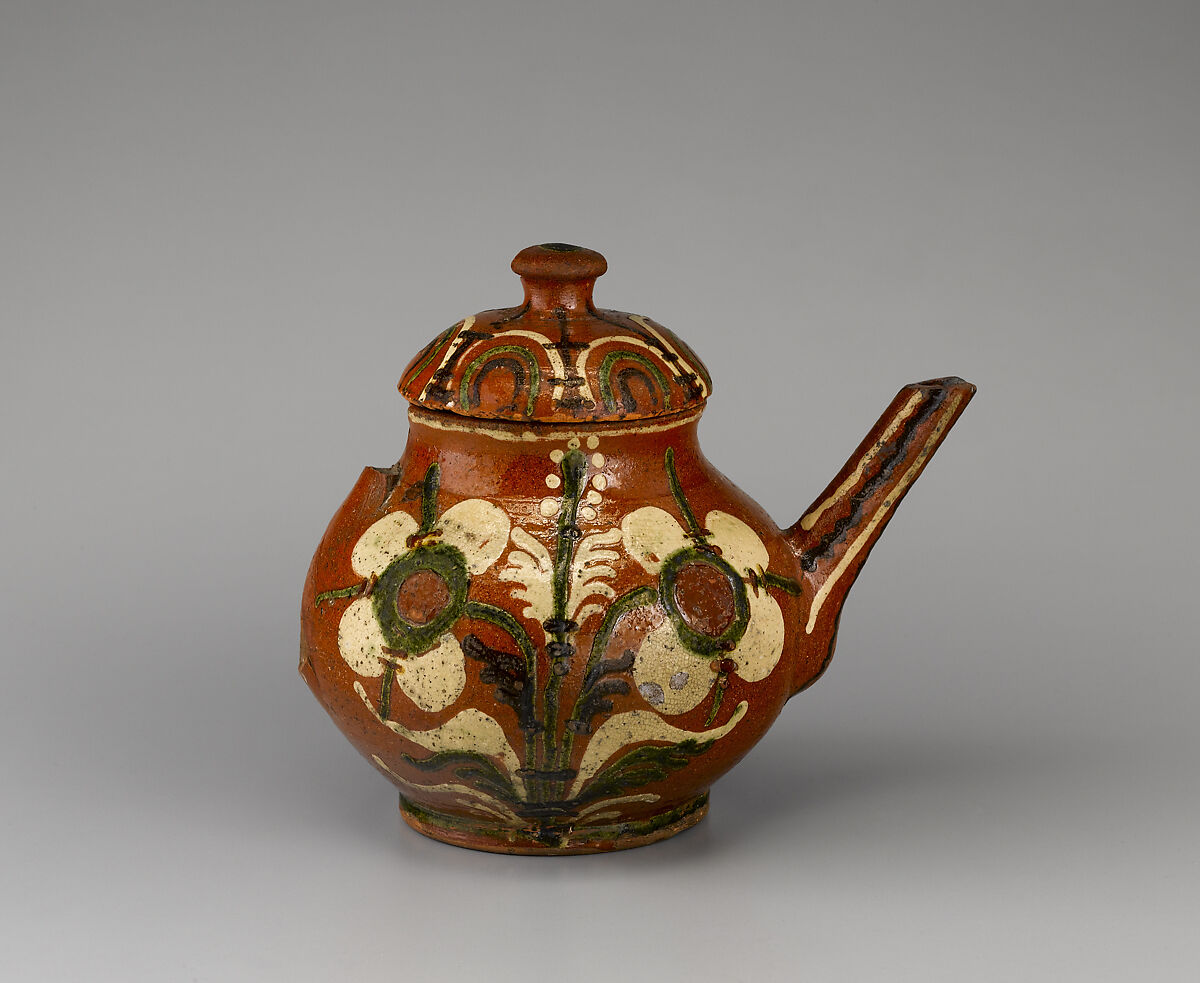 Teapot, Attributed to Gottfried Aust, Earthenware with slip decoration, American 