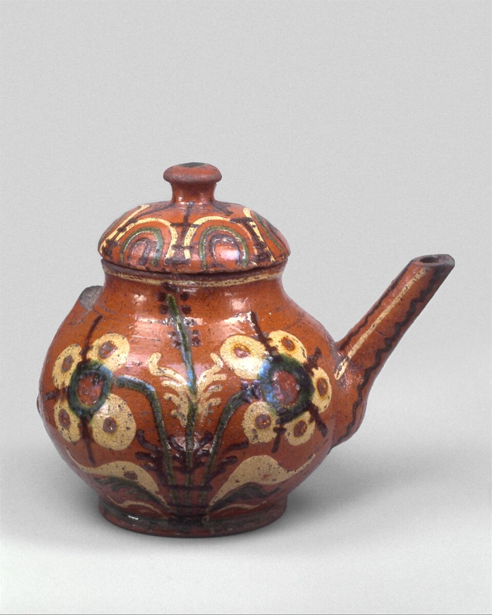 Teapot, Attributed to Gottfried Aust, Earthenware with slip decoration, American