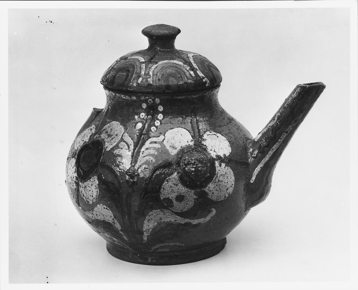 Teapot, Attributed to Gottfried Aust, Earthenware with slip decoration, American