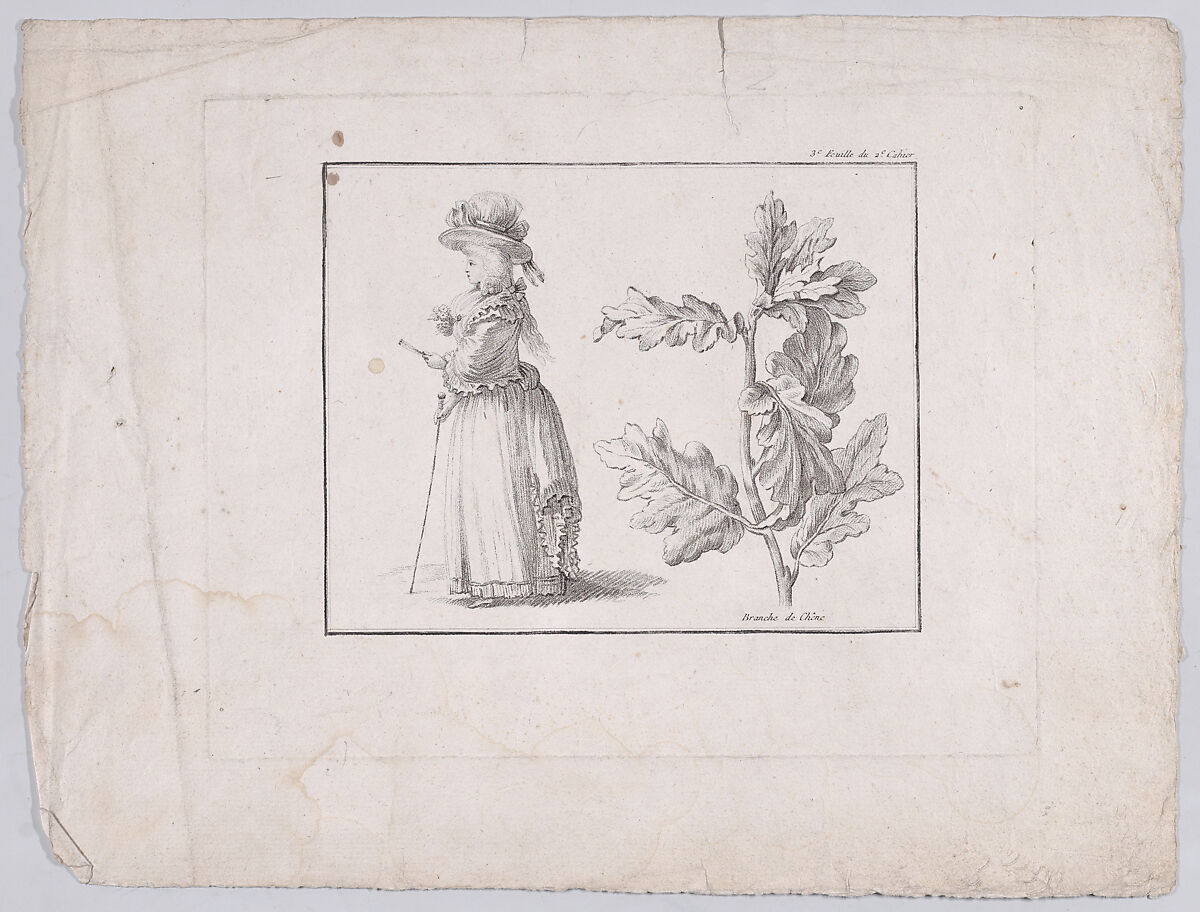 Profile of a woman and a study of an oak branch, Gilles-Antoine Demarteau (French, Paris, 1756–1802), Crayon-manner etching printed in black ink 