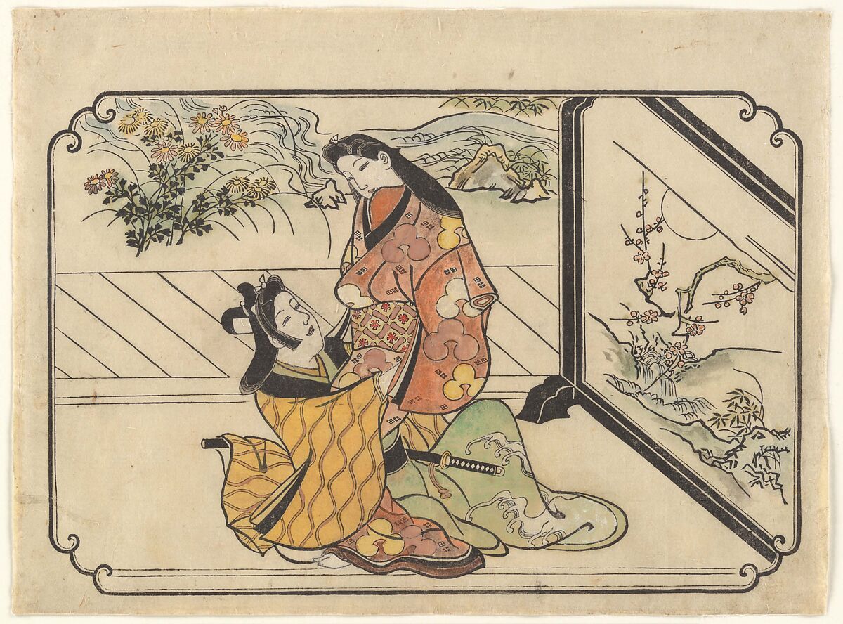 Courtesan with a Young Man (Wakashu) beside a Screen, Hishikawa Moronobu 菱川師宣 (Japanese, 1618–1694), Woodblock print (sumizuri-e); ink and hand-applied color on paper; horizontal ōban, Japan 