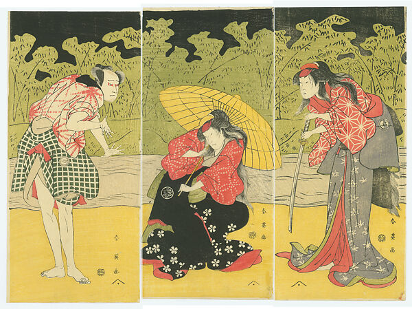 The Actors Segawa Kikunojō III as Okiku, Nakayama Tomisaburō as Kasane, and Sawamura Sōjūrō III as Yoemon, Katsukawa Shun'ei 勝川春英  Japanese, Triptych of woodblock prints (nishiki-e); ink and color on paper; hosoban, Japan