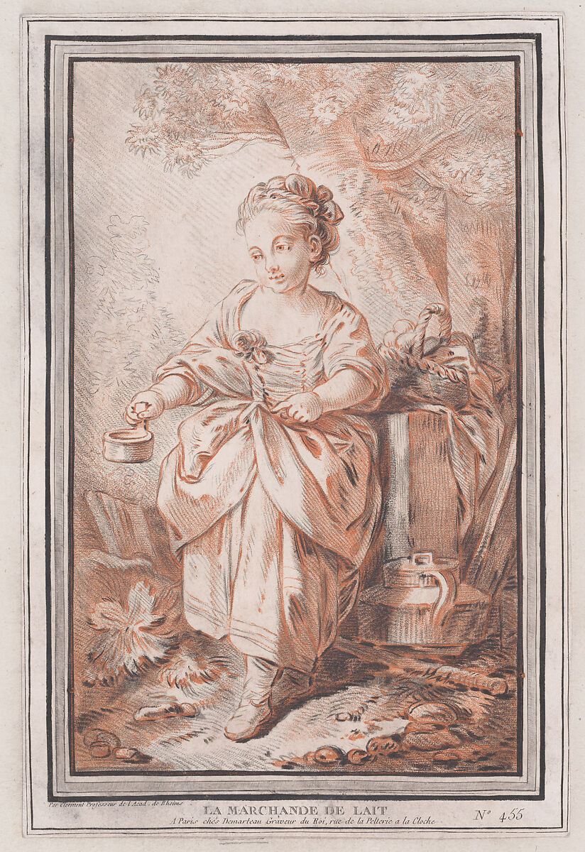 La Marchande de Lait, Gilles Demarteau (French, Liège 1722–1776 Paris), Crayon-manner etching printed in black and red ink 