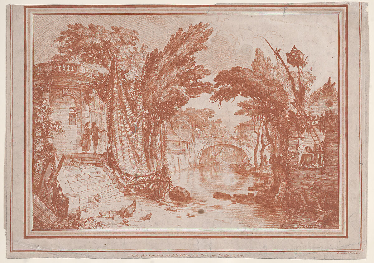 Paysage, Gilles Demarteau (French, Liège 1722–1776 Paris), Stipple engraving printed in red ink 