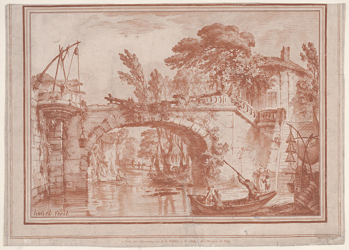 Paysage, Gilles Demarteau (French, Liège 1722–1776 Paris), Stipple engraving printed in red ink 