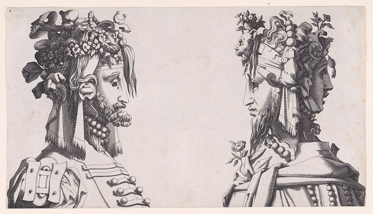 Two Male Busts with Head-dresses for the Ballet, René Boyvin (French, Angers ca. 1525–1598 or 1625/6 Angers), Engraving 