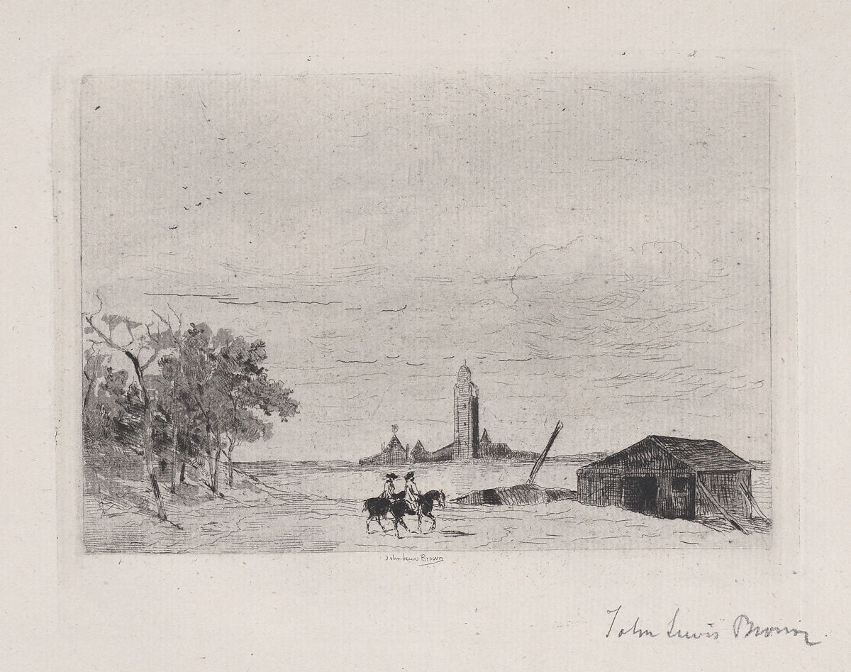 Two horsemen, with belfry in background and barn at right, John-Lewis Brown (French, Bordeaux 1829–1890 Paris), Etching 