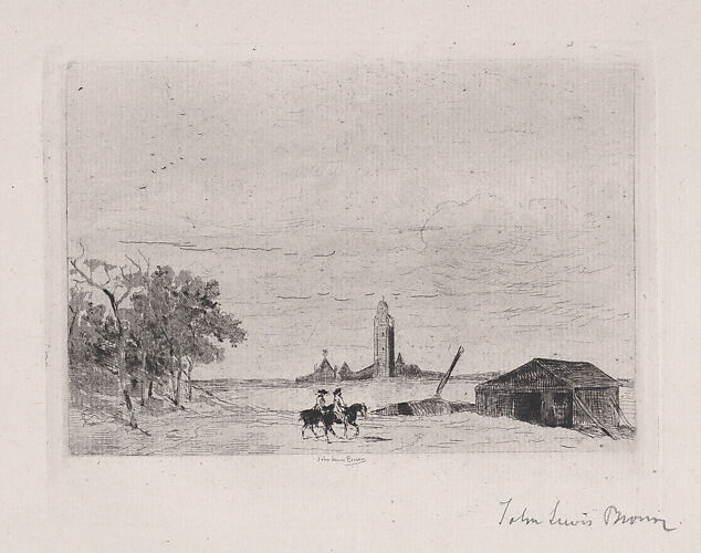 Two horsemen, with belfry in background and barn at right