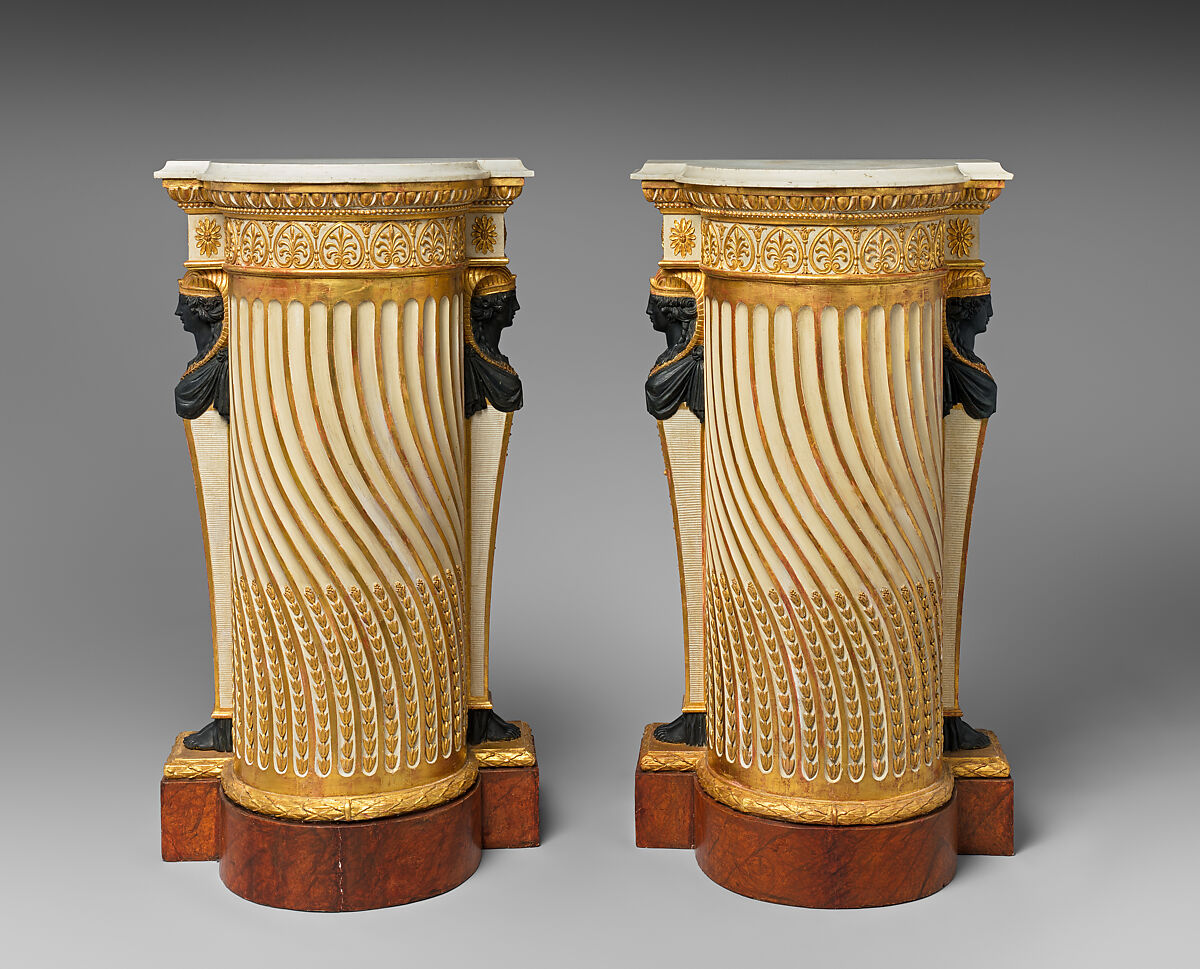 Carlton House pedestal (one of a pair), possibly Dominique Daguerre (French, d. 1796), Carved, painted and gilded pine; marble, French, Paris