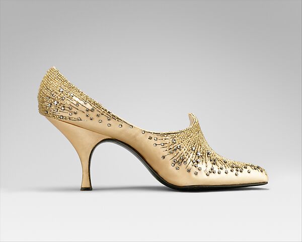 Evening shoes, House of Dior (French, founded 1946), silk, glass, metal, French 