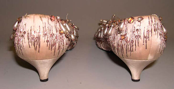 Evening shoes, House of Dior (French, founded 1946), silk, leather, metallic thread, plastic, glass, French