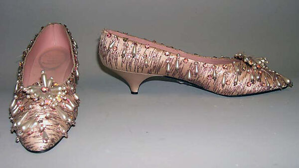 Evening shoes, House of Dior (French, founded 1946), silk, leather, metallic thread, plastic, glass, French 