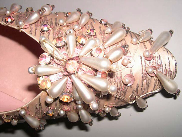 Evening shoes, House of Dior (French, founded 1946), silk, leather, metallic thread, plastic, glass, French