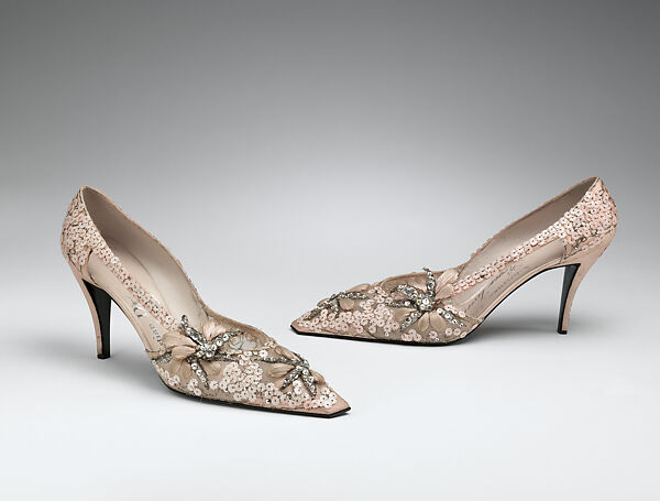 Evening shoes, House of Dior (French, founded 1946), silk, nylon, leather, plastic, metallic thread, glass, French 