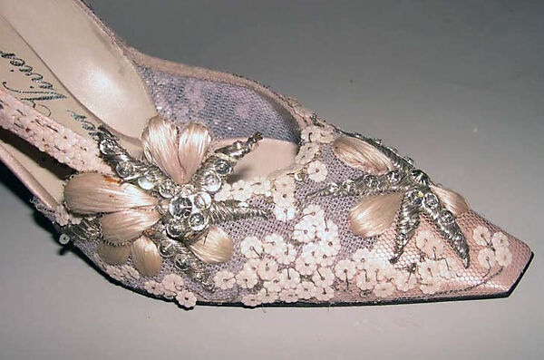Evening shoes, House of Dior (French, founded 1946), silk, nylon, leather, plastic, metallic thread, glass, French