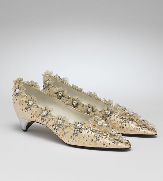Wedding shoes, House of Dior (French, founded 1946), silk, leather, nylon, glass, metallic thread, French 