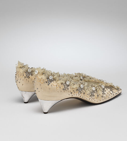 Wedding shoes, House of Dior (French, founded 1946), silk, leather, nylon, glass, metallic thread, French