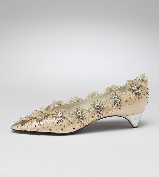 Wedding shoes, House of Dior (French, founded 1946), silk, leather, nylon, glass, metallic thread, French