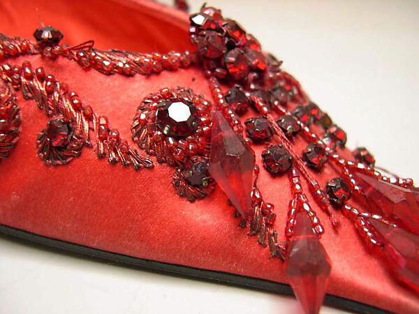 Evening shoes, House of Dior (French, founded 1946), silk, metallic thread, glass, plastic, metal, French