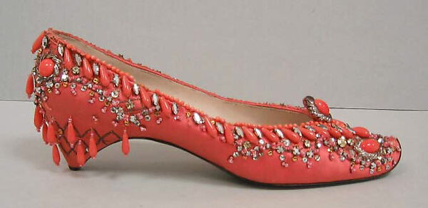 Evening shoes, House of Dior (French, founded 1946), silk, metallic thread, plastic, glass, metal, French 