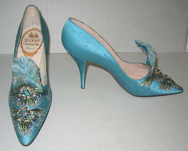 Evening shoes, House of Dior (French, founded 1946), silk, leather, glass, feathers, metallic thread, French