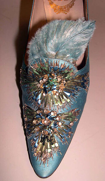 Evening shoes, House of Dior (French, founded 1946), silk, leather, glass, feathers, metallic thread, French