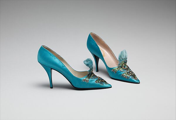 Evening shoes, House of Dior (French, founded 1946), silk, leather, glass, feathers, metallic thread, French 
