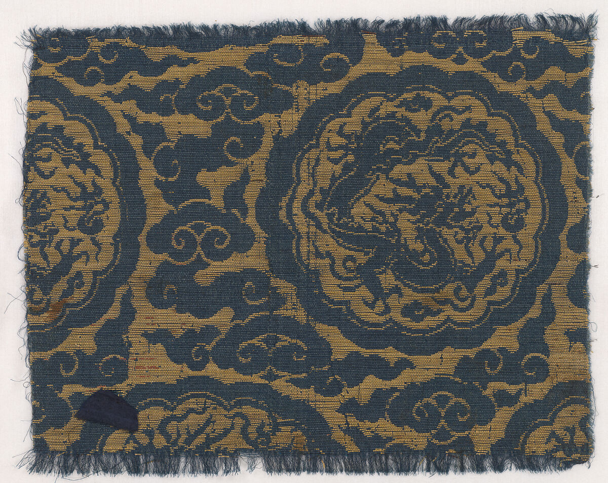 Dragons chasing flaming pearls, Unidentified Artist, Chinese, 14th century, Silk and metal thread lampas, China