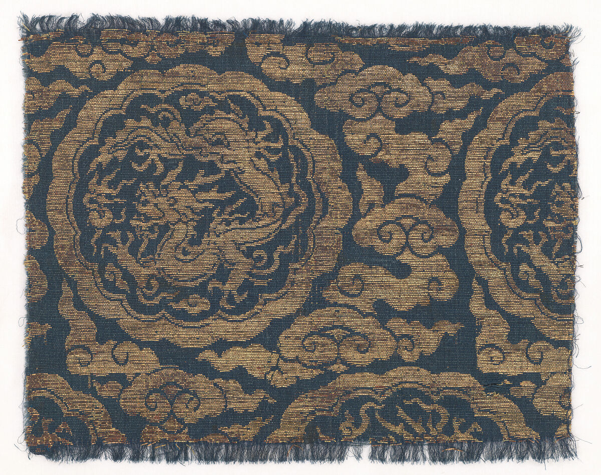 Dragons chasing flaming pearls, Unidentified Artist, Chinese, 14th century, Silk lampas with supplementary metal thread wefts, China 