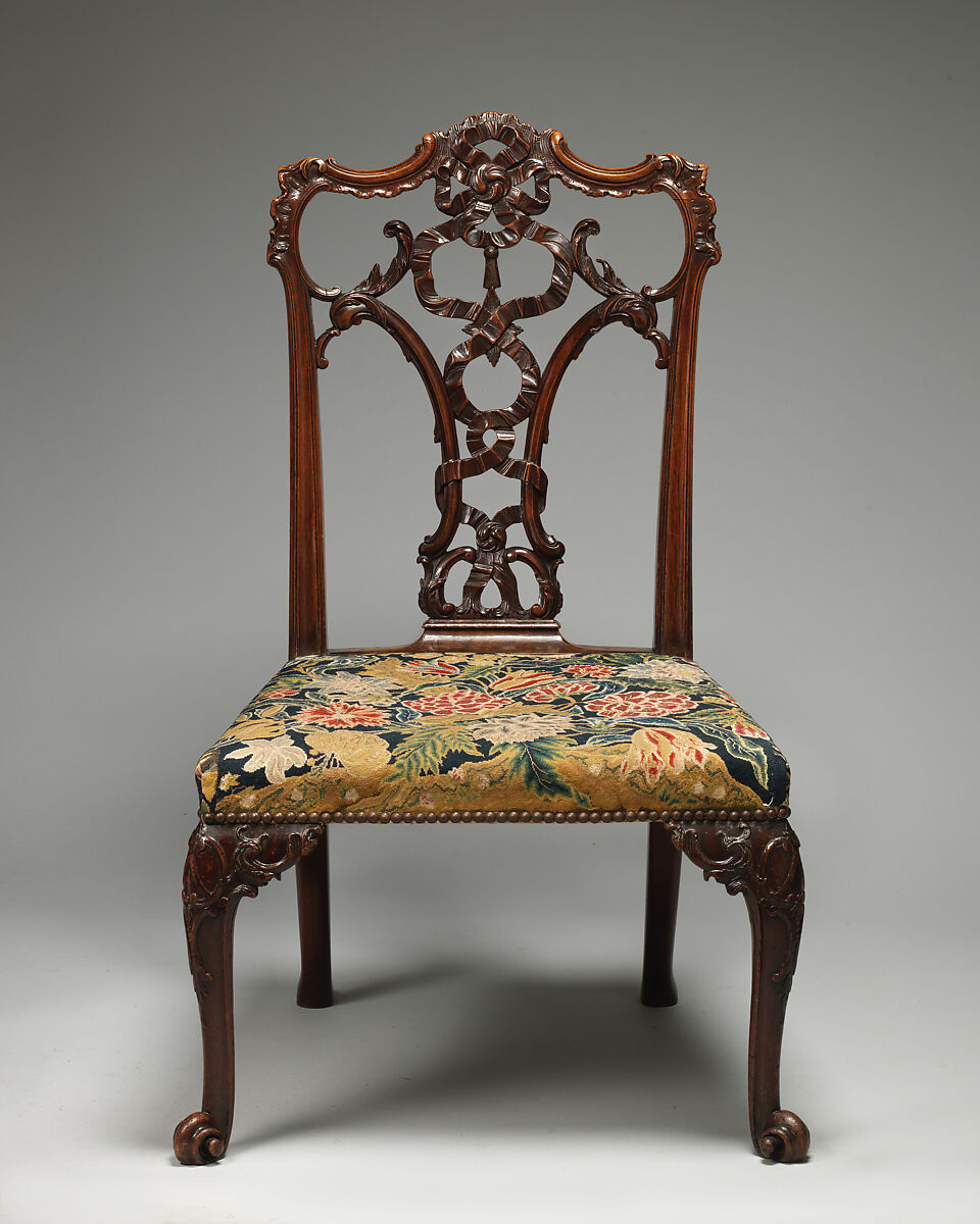 Side Chair (one of a pair), After a design by Thomas Chippendale (British, baptised Otley, West Yorkshire 1718–1779 London), Mahogany; tent stitch embroidery on canvas, British