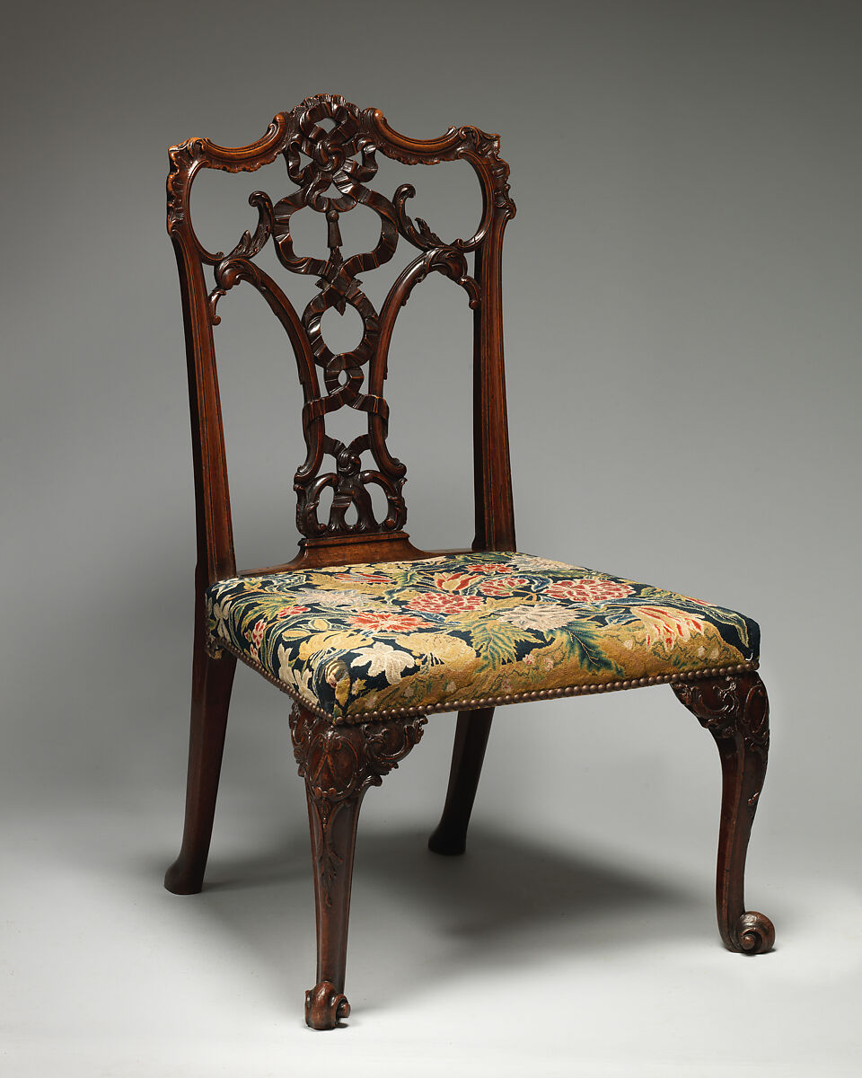 Side Chair (one of a pair), After a design by Thomas Chippendale (British, baptised Otley, West Yorkshire 1718–1779 London), Mahogany; tent stitch embroidery on canvas, British